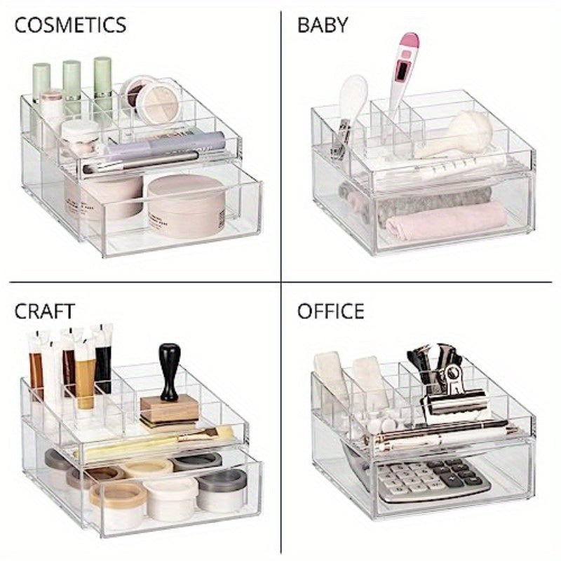 Cadi Collection Clear Plastic Divided Makeup Organizer Bin with Front Drawer - 11-Compartment Bathroom Vanity Storage for Cosmetics, Brushes, Nail Art Tools | Durable Countertop Organizer, Space-Saving Design (7.68x7x4.6in), Cosmetic Storage Organizer,