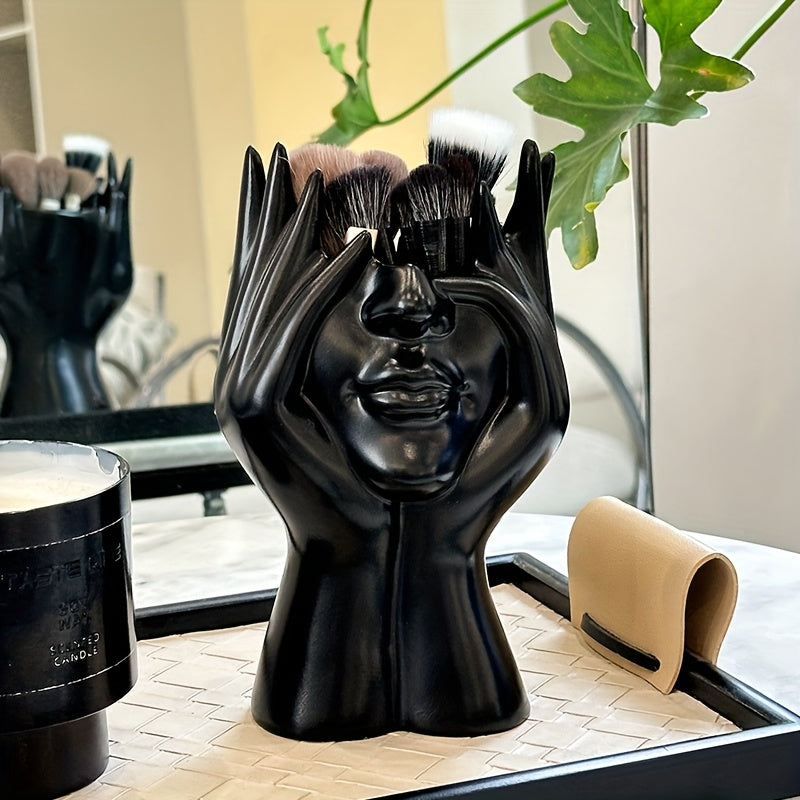 1pc Multifunctional Facial Sculpture Pen Holder & Makeup Brush Organizer - Creative Artistic Decorative Home Office Bathroom Vanity Storage Box, Durable Resin Material Desktop Organizer for Makeup Supplies, No Power Required