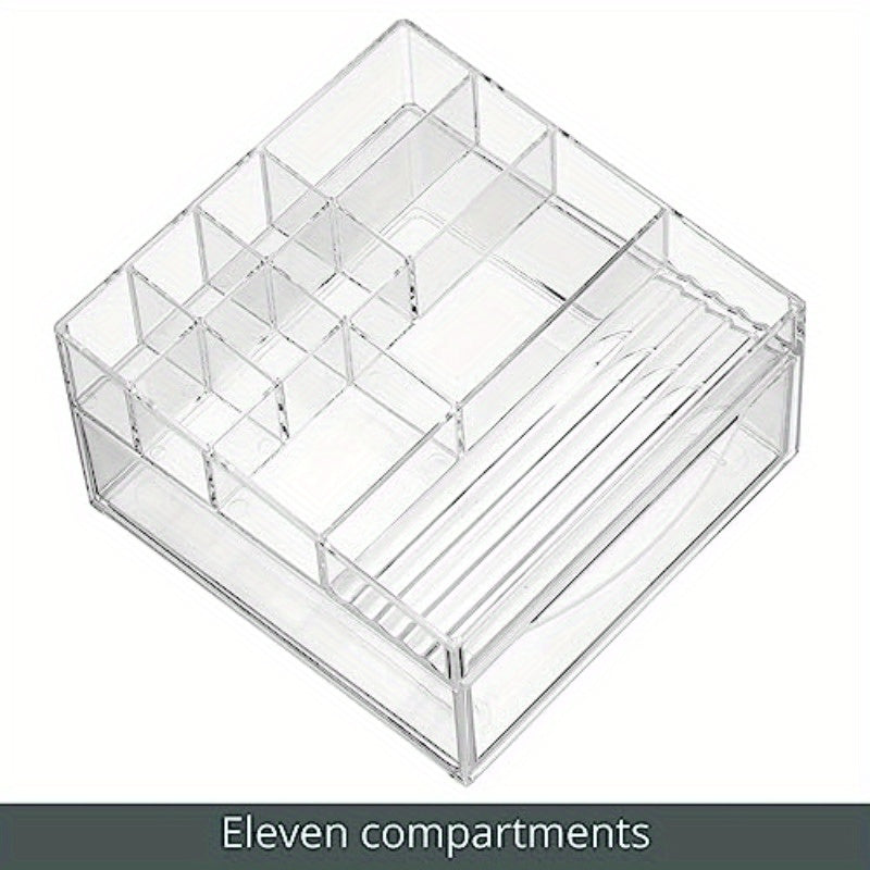 Cadi Collection Clear Plastic Divided Makeup Organizer Bin with Front Drawer - 11-Compartment Bathroom Vanity Storage for Cosmetics, Brushes, Nail Art Tools | Durable Countertop Organizer, Space-Saving Design (7.68x7x4.6in), Cosmetic Storage Organizer,
