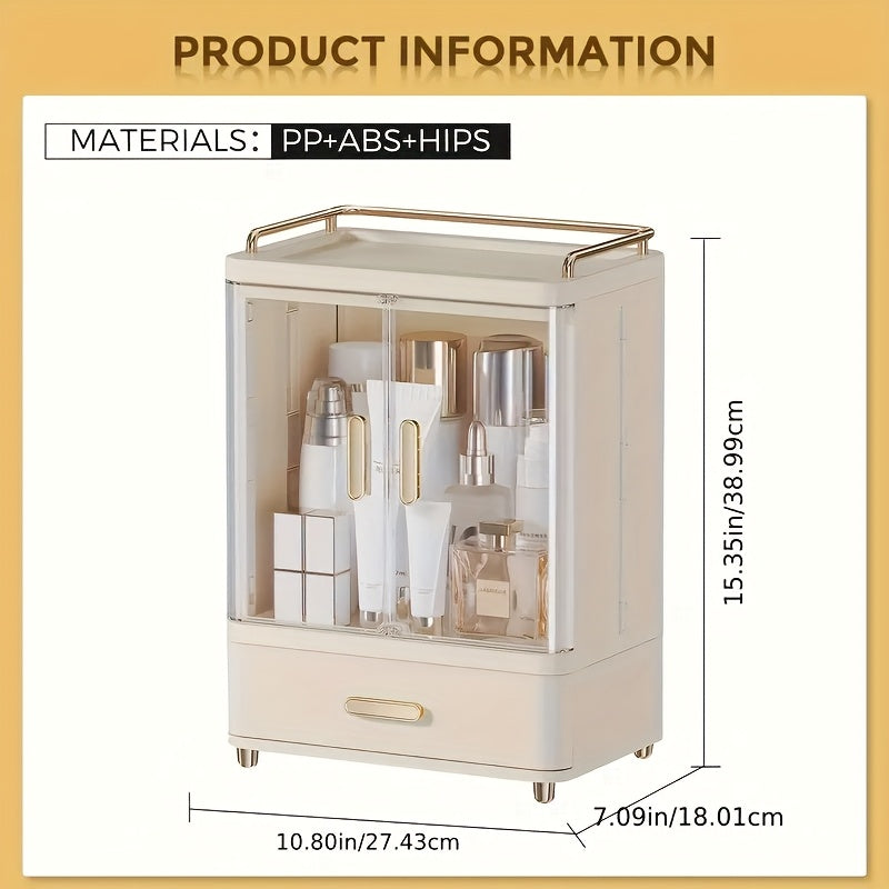 2/3 Layer Cosmetic Storage Organizer with Golden Plated Handles & Top Shelf Guardrail - Durable Plastic Freestanding Bathroom & Bedroom Storage Box, Polished Finish, No Power Needed, Bathroom Organizers And Storage