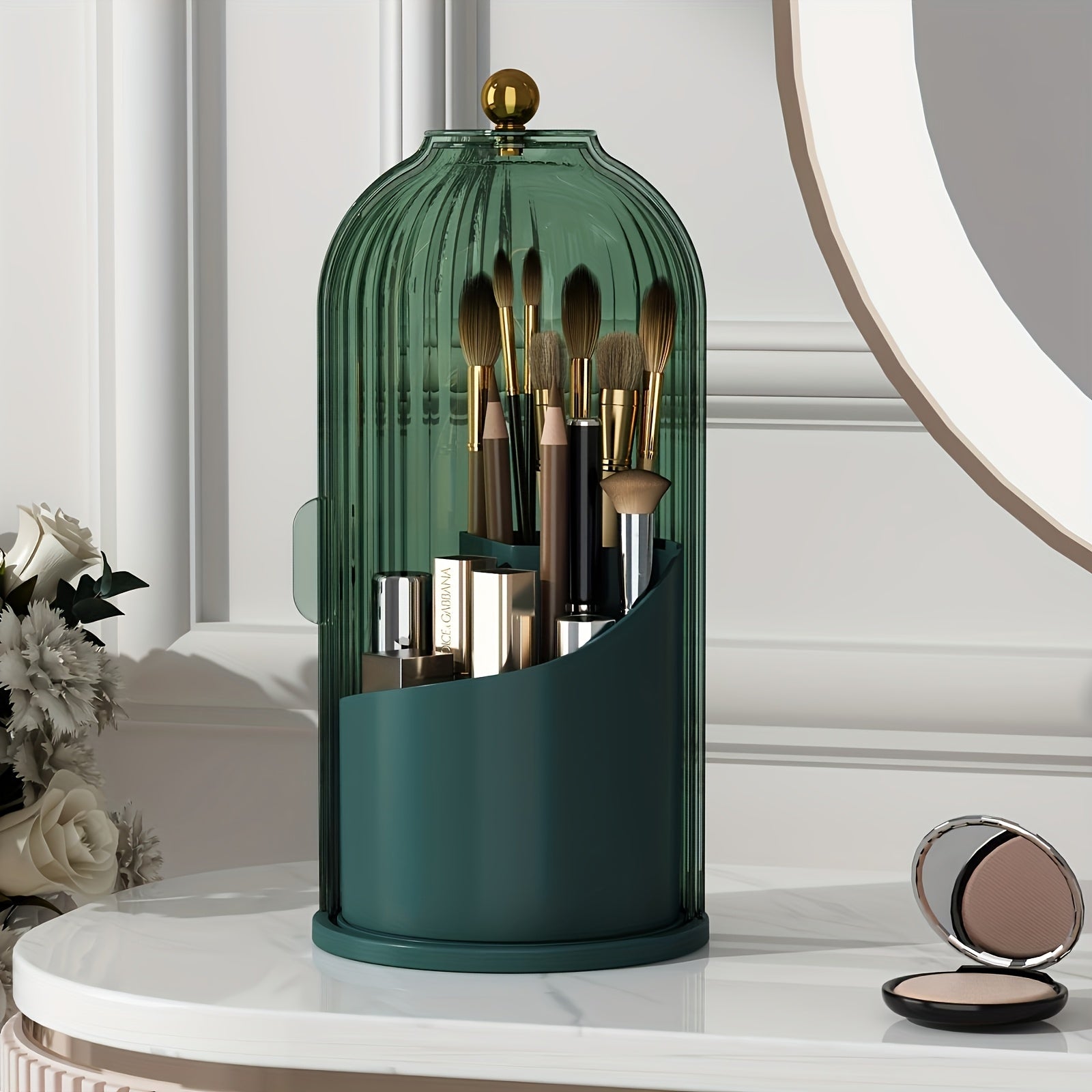 360-Degree Rotating Makeup Brush Holder with Lid, Waterproof and Dustproof Cosmetic Organizer Box, Suitable for Vanity Table, Perfect for Beauty Enthusiasts
