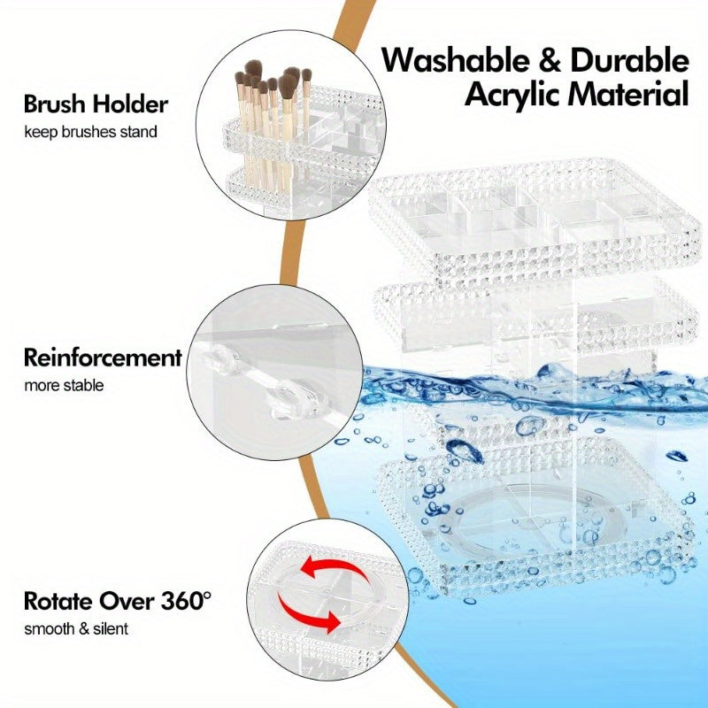 Rotating Makeup Organizer for Vanity - High-Capacity Acrylic Cosmetic Storage with Clear Drawers, Multi-Compartment Design for Perfume, Skincare & Makeup Brushes, Plus Size Clear Countertop Organizer, Bathroom Vanity Storage, Sleek Modern Look, Clear