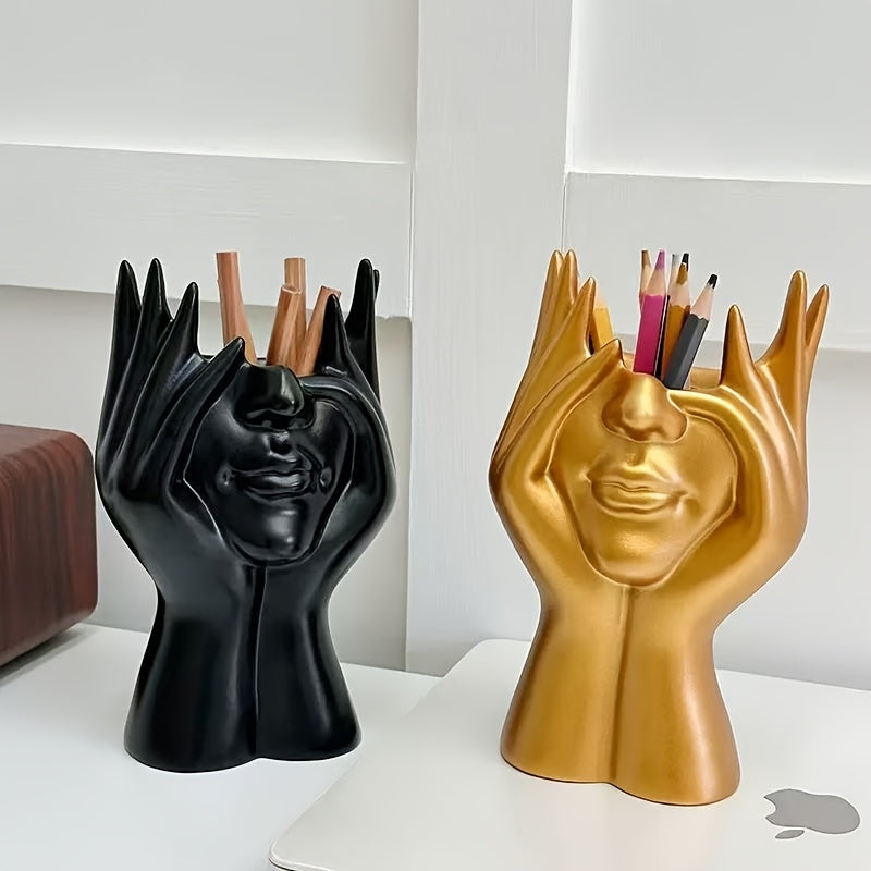 1pc Human Body Art Makeup Brush & Pen Holder - Black & Golden Sculpture Design, Wall-Mounted Vanity Organizer with Multiple Compartments for Cosmetics, Makeup Brushes, Stationery Storage - Durable Painted Finish, Makeup Vanity Desk, Elegant Design, Sleek