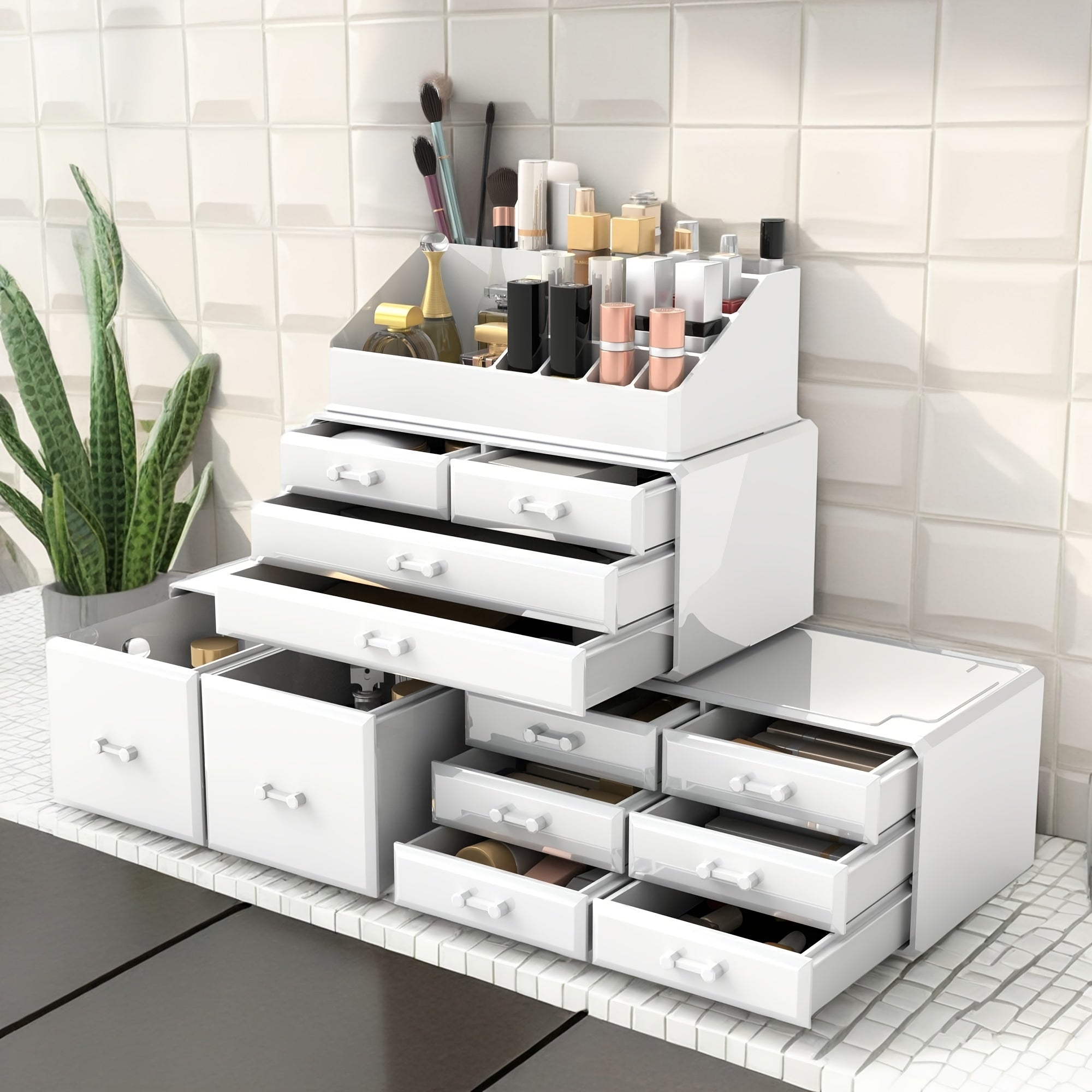 12-Drawer 4-Tier Cosmetic Storage Box, Large Capacity Christmas Decorative Organizer - Perfect for Jewelry and Gifts Display, Vanity, Bathroom, Dresser, and Countertop, Best for Christmas