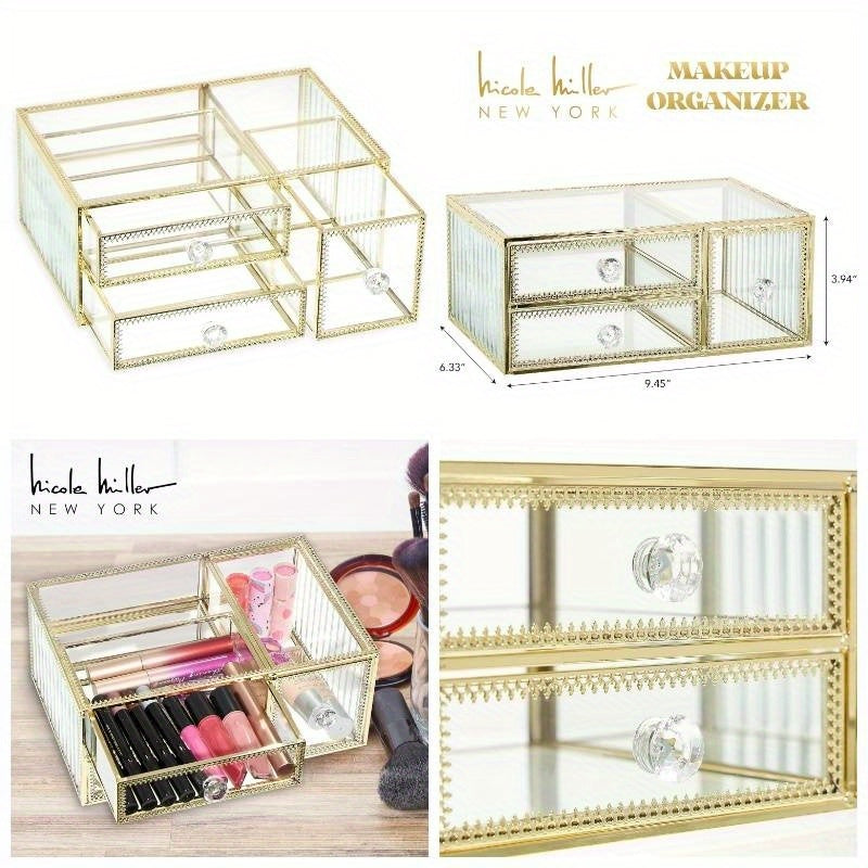 360-Degree Rotating Makeup Organizer with Golden Accents - 3-Drawer Vanity Storage, No Assembly Needed, Elegant Cosmetic Organizer with Spacious Drawers for Professional or Home Use - Perfect Gift for Beauty Enthusiasts, Modern Design, Polished Finish,