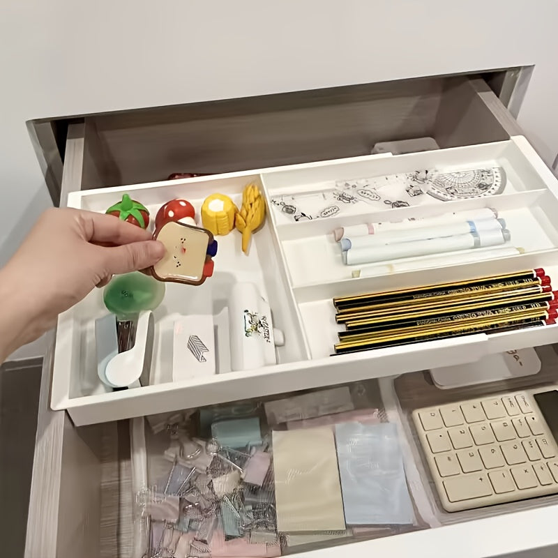 [Adjustable Drawer Organizer] Multi-Compartment Adjustable Drawer Organizer for Desktop - Plastic Storage Box with Blue Handles, Ideal for Pens, Makeup Brushes, Spoons, Forks - Easy to Move and Access, Desk and Drawer Organizer Suitable for Home Storage,