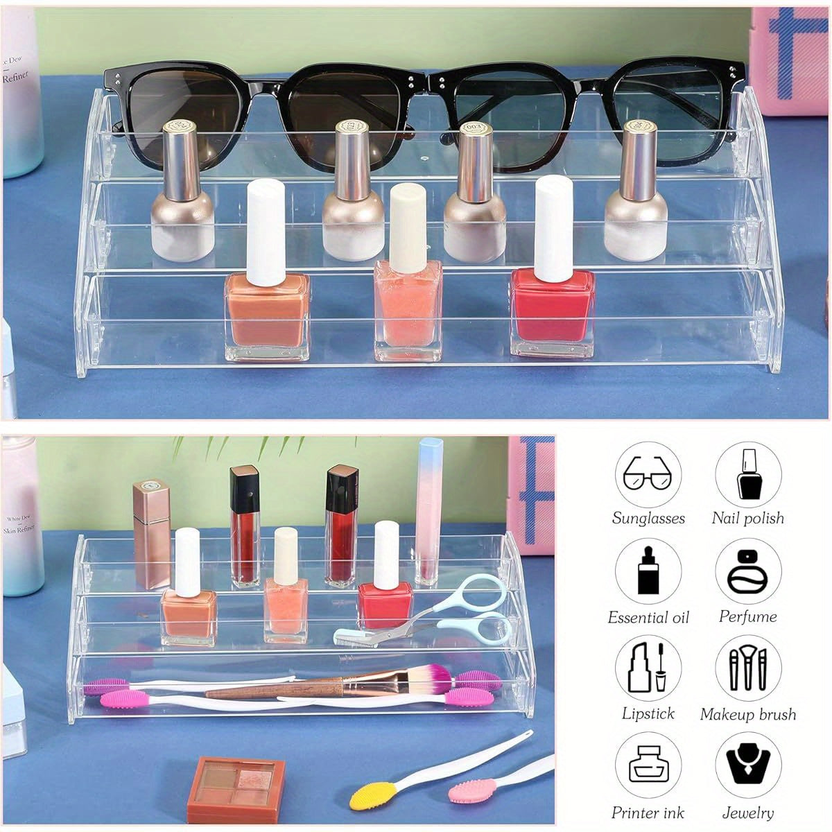 2pcs Clear Organizer - Space-Saving Vertical Storage for Glasses, Fashion Glasses, Nail Polish, Essential Oils, Makeup - Bathroom, Vanity, Salon, Office - No Assembly Needed, Easy Insertion, Vanity Accessory, Threelayer Organizer, Acrylic Material
