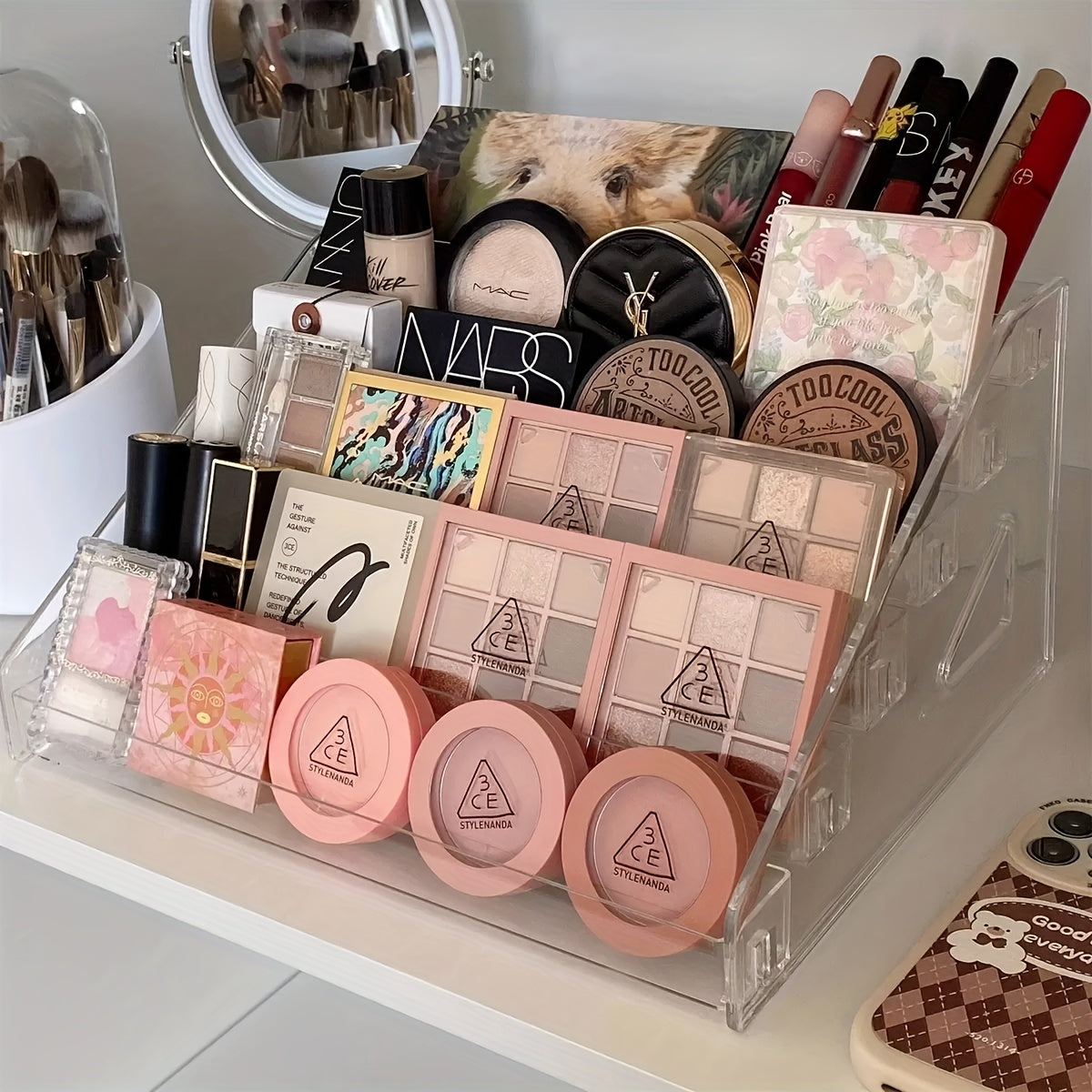 Clear Acrylic Makeup Organizer for Desk - Lightweight, Polished Finish, Multi-Compartment Storage for Cosmetics, Lipsticks, Eyeshadows, Brushes - Transparent Design for Easy Visibility, Makeup Vanity Desk, Sleek Design, Durable Construction