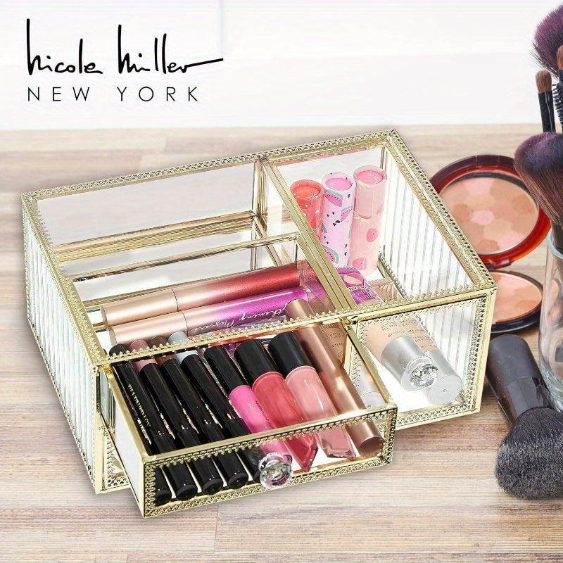 360-Degree Rotating Makeup Organizer with Golden Accents - 3-Drawer Vanity Storage, No Assembly Needed, Elegant Cosmetic Organizer with Spacious Drawers for Professional or Home Use - Perfect Gift for Beauty Enthusiasts, Modern Design, Polished Finish,
