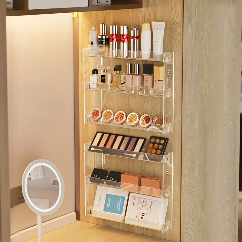 1pc Clear Wall-Mounted Makeup Organizer Shelf - Heavy-Duty Adjustable Vanity Tray, Space-Saving Bathroom Storage Rack with Large Capacity for Makeup, Perfume, Lipsticks, Foundation - Easy Installation, No Tools Needed, Modern Vanity Decor for Home, Salon,