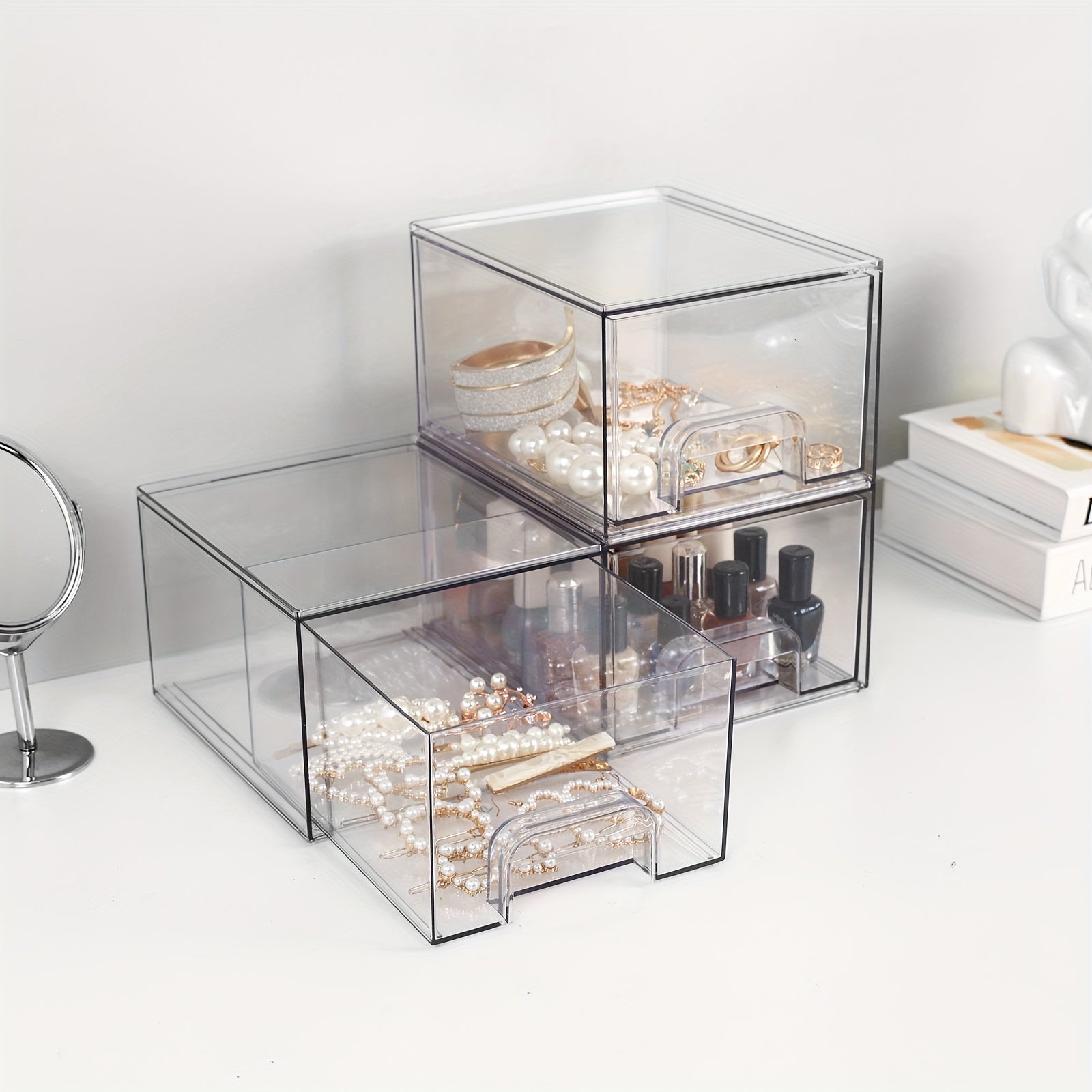 WHONLINE 6pcs /12pcs 7.4In Acrylic Jewelry Storage Drawers, Clear Stackable Organizer Boxes, Jewelry Display Bins, Storage for Necklaces, Rings, Accessories, Makeups
