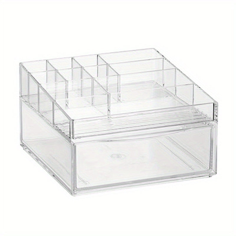 Cadi Collection Clear Plastic Divided Makeup Organizer Bin with Front Drawer - 11-Compartment Bathroom Vanity Storage for Cosmetics, Brushes, Nail Art Tools | Durable Countertop Organizer, Space-Saving Design (7.68x7x4.6in), Cosmetic Storage Organizer,