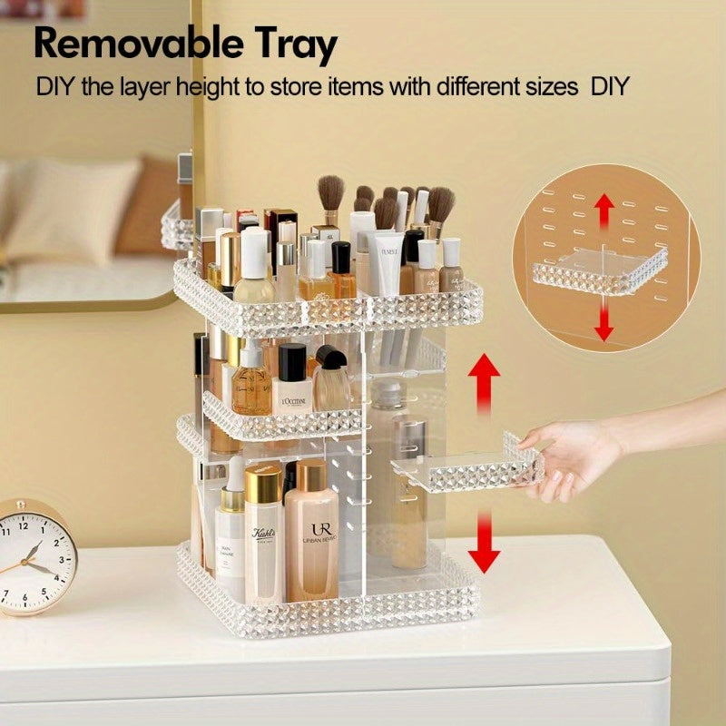 Rotating Makeup Organizer for Vanity - High-Capacity Acrylic Cosmetic Storage with Clear Drawers, Multi-Compartment Design for Perfume, Skincare & Makeup Brushes, Plus Size Clear Countertop Organizer, Bathroom Vanity Storage, Sleek Modern Look, Clear