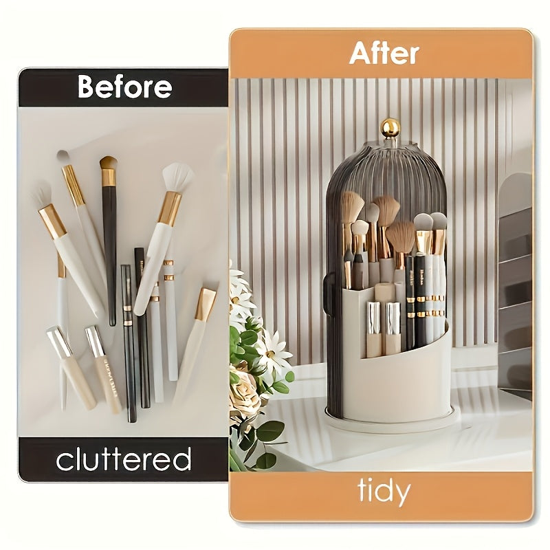 360-Degree Rotating Makeup Brush Holder with Lid, Waterproof and Dustproof Cosmetic Organizer Box, Suitable for Vanity Table, Perfect for Beauty Enthusiasts