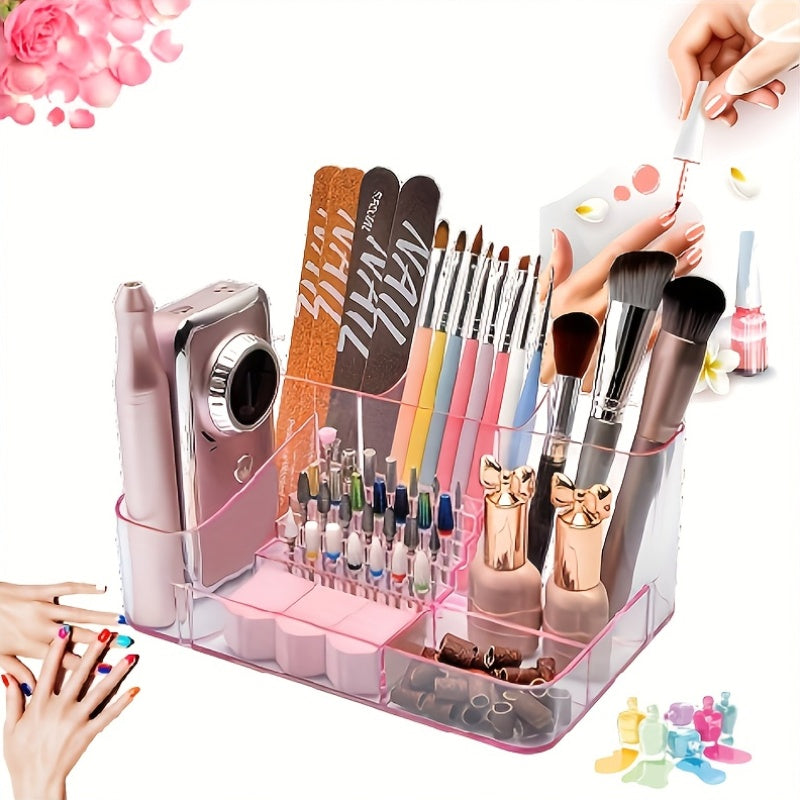 PINDAR 28-Capacity Professional Manicure & Pedicure Organizer with 3 Compartments, Transparent Drawers & Fixed Compartments - Durable Plastic Bathroom Storage Box for Nail Art Supplies, Makeup Brushes, Beauty Tools, Nail Tech Accessories, Sleek Design,