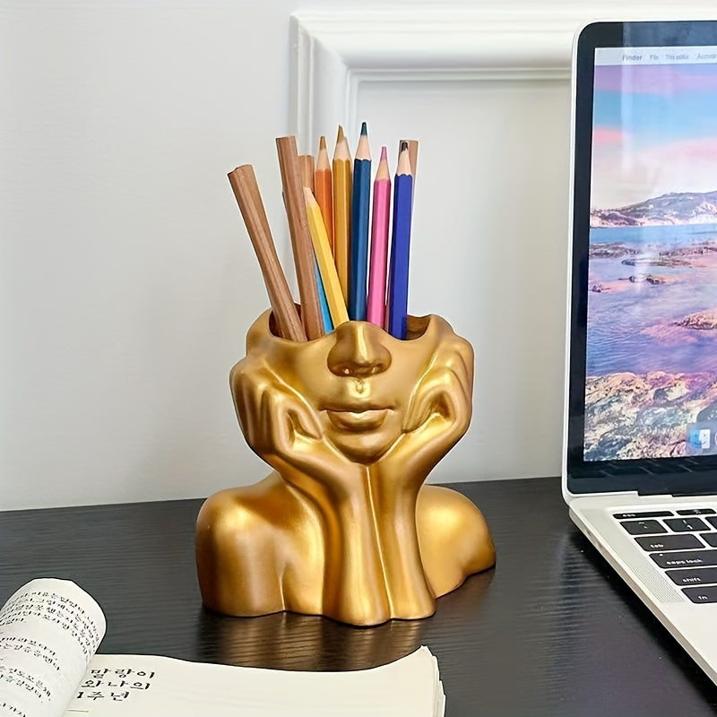 1pc Human Body Art Makeup Brush & Pen Holder - Black & Golden Sculpture Design, Wall-Mounted Vanity Organizer with Multiple Compartments for Cosmetics, Makeup Brushes, Stationery Storage - Durable Painted Finish, Makeup Vanity Desk, Elegant Design, Sleek