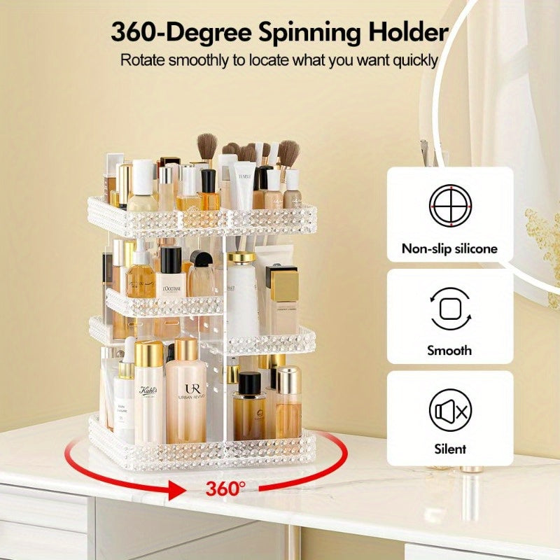 Rotating Makeup Organizer for Vanity - High-Capacity Acrylic Cosmetic Storage with Clear Drawers, Multi-Compartment Design for Perfume, Skincare & Makeup Brushes, Plus Size Clear Countertop Organizer, Bathroom Vanity Storage, Sleek Modern Look, Clear