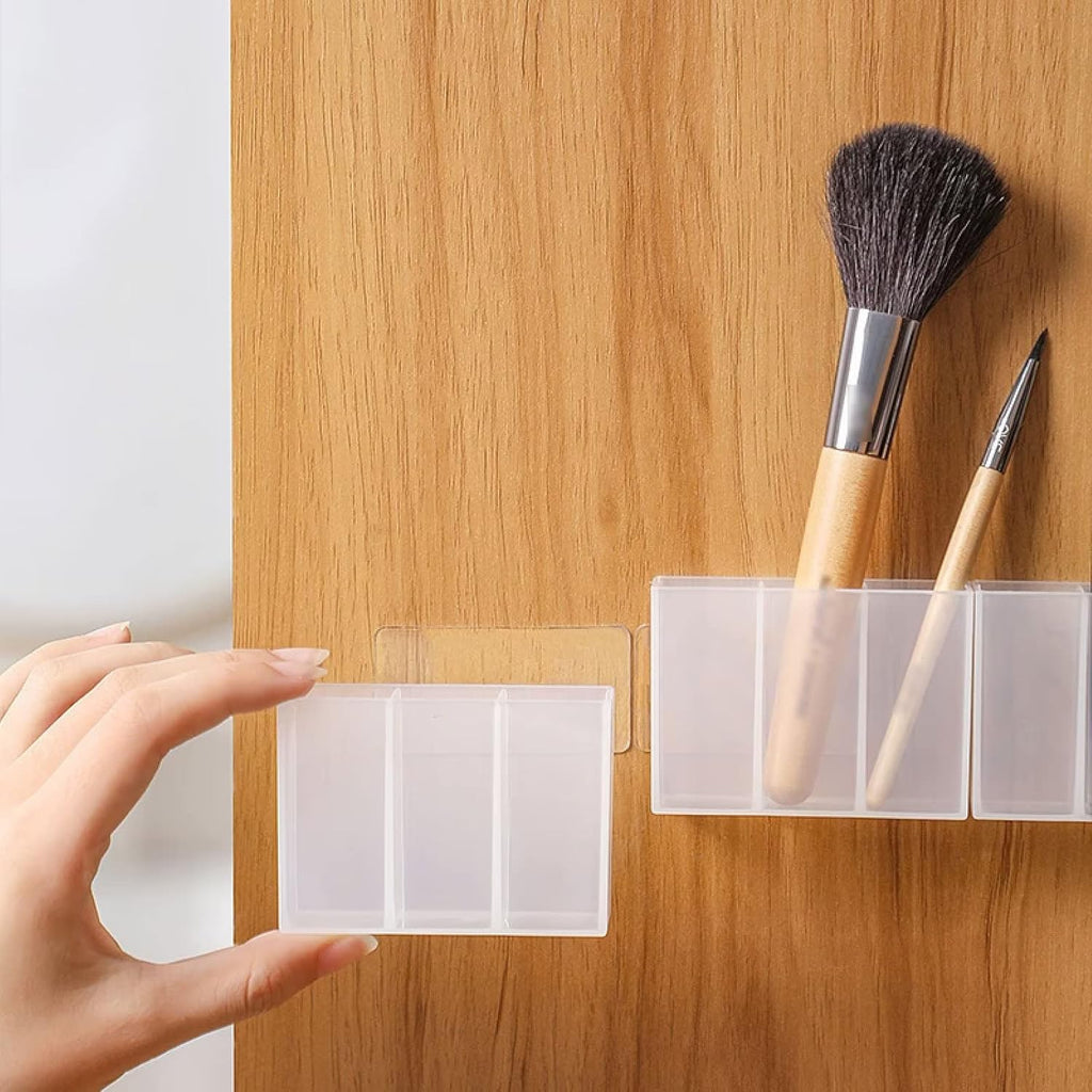 3pcs Transparent Plastic Wall-Mounted Storage Boxes with 3 Compartments - Self-Adhesive Makeup Brush & Lipstick Organizer for Home Office, Bathroom, or Vanity - Space-Saving Design for Cosmetics, Pens, and Small Items, Makeup Vanity Desk, Bathroom