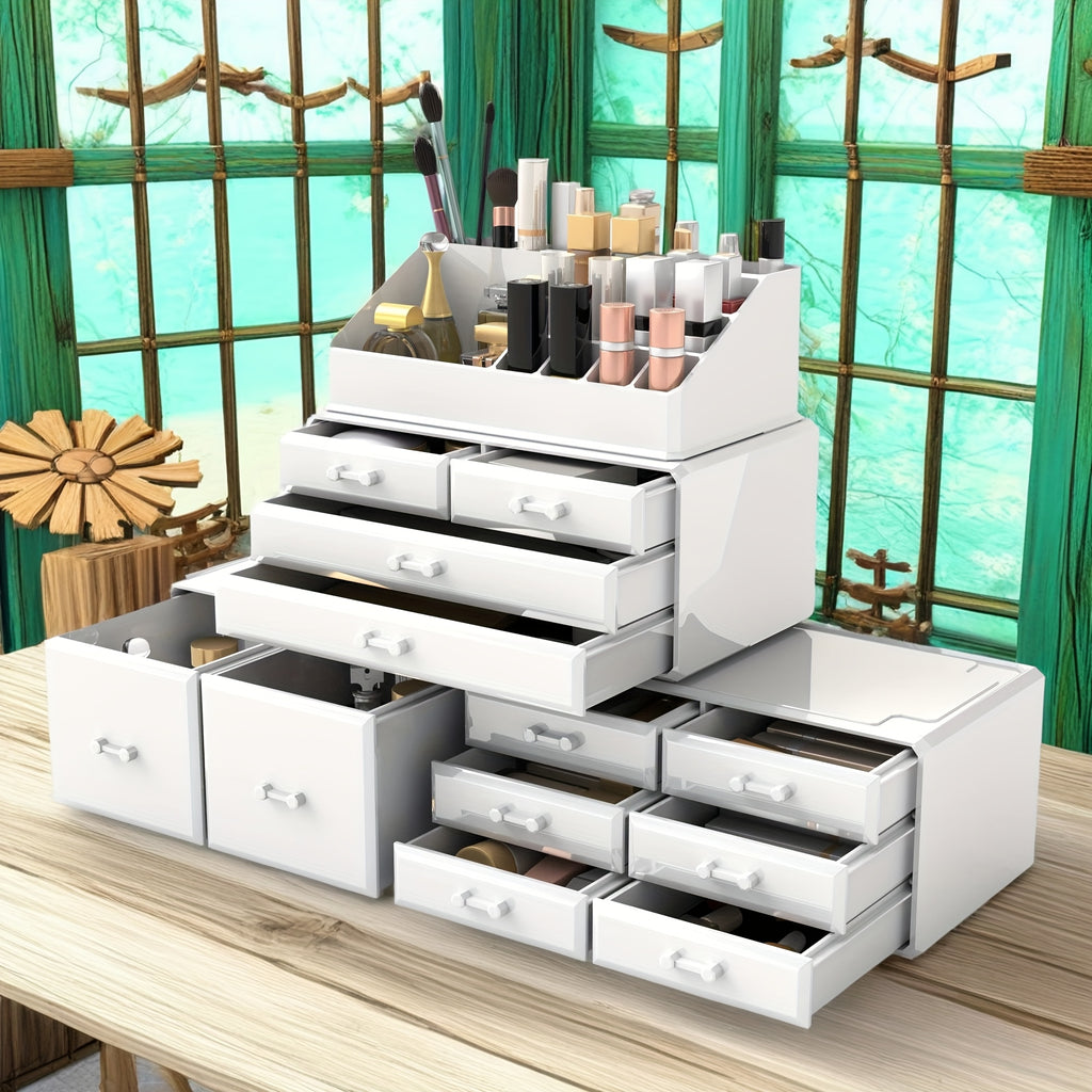 12-Drawer 4-Tier Cosmetic Storage Box, Large Capacity Christmas Decorative Organizer - Perfect for Jewelry and Gifts Display, Vanity, Bathroom, Dresser, and Countertop, Best for Christmas