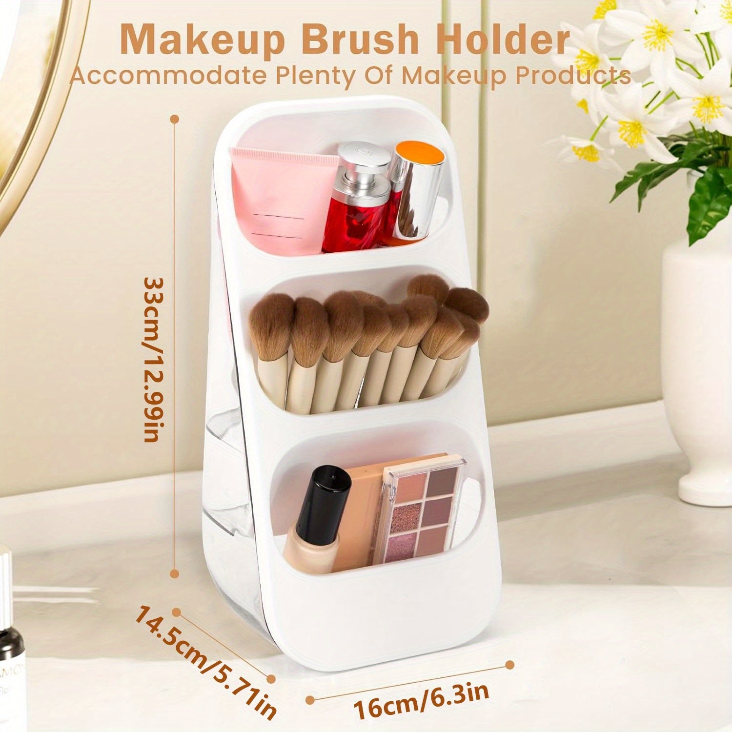 3-Tier Makeup Brush Holder & Organizer with Multiple Compartments – Lightweight Plastic Countertop Storage for Brushes, Lipsticks, Skincare Products, and Stationery – Perfect for Bathroom or Vanity Display, Makeup Brush Holder