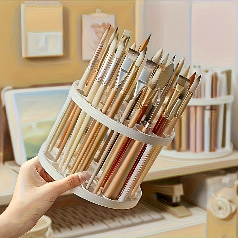 360° Rotating Paint Brush Holder - Space-Saving White Desktop Organizer with Polished Finish, Ceramic Coated Plastic Inserts for Art Brushes, Pens, Makeup Tools - Elegant Design for Home or Office, Office Desk Accessory | Modern White Organizer | Polished