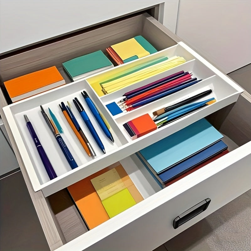 [Adjustable Drawer Organizer] Multi-Compartment Adjustable Drawer Organizer for Desktop - Plastic Storage Box with Blue Handles, Ideal for Pens, Makeup Brushes, Spoons, Forks - Easy to Move and Access, Desk and Drawer Organizer Suitable for Home Storage,
