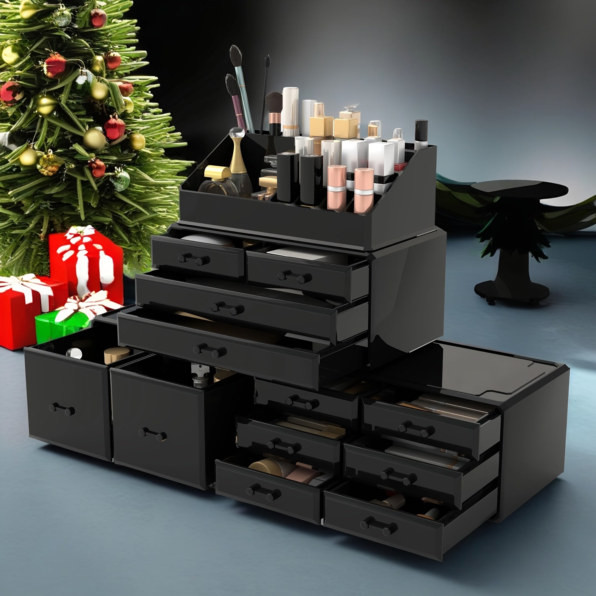 12-Drawer 4-Tier Cosmetic Storage Box, Large Capacity Christmas Decorative Organizer - Perfect for Jewelry and Gifts Display, Vanity, Bathroom, Dresser, and Countertop, Best for Christmas